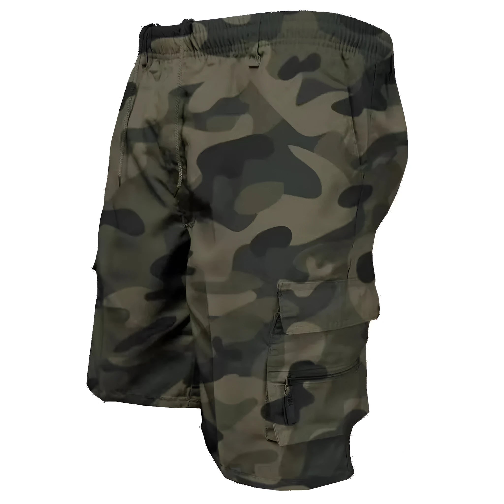 Men's khaki cotton casual shorts with multiple pockets and a drawstring waistband.