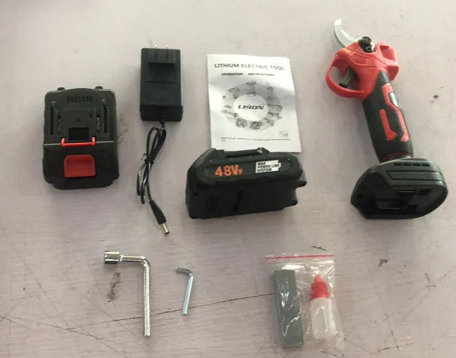 Electric pruning knife with lithium battery, brushless motor, and plastic storage box for cordless garden branch cutting