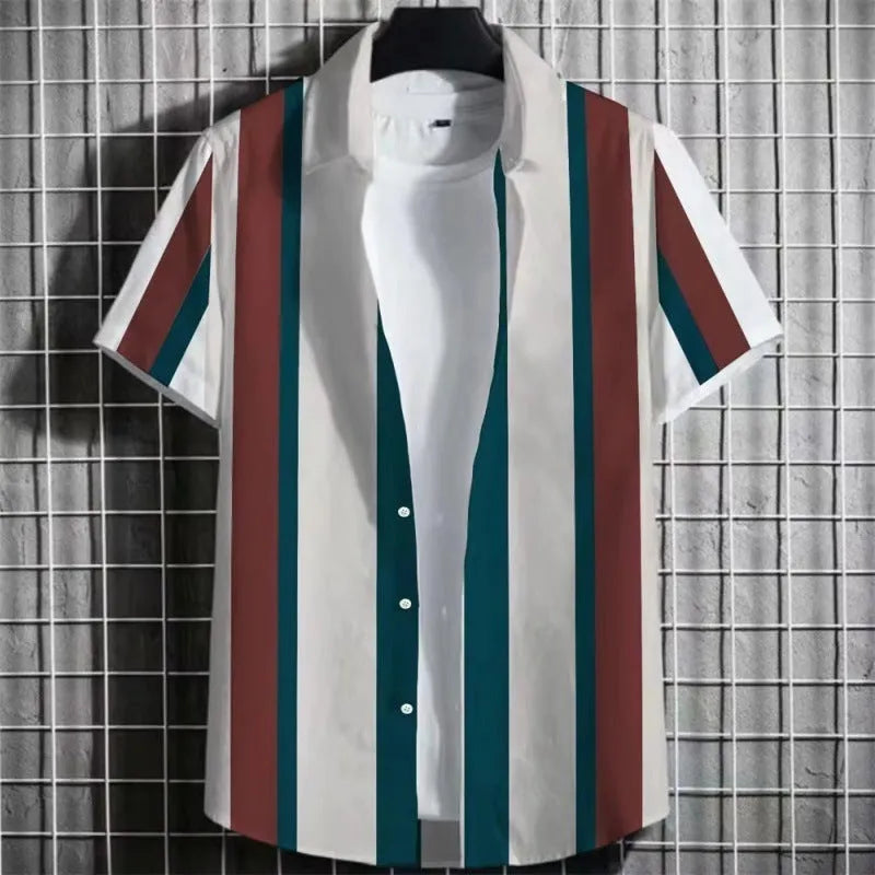 Man wearing a lightweight striped linen T-shirt with a 3D printed design.