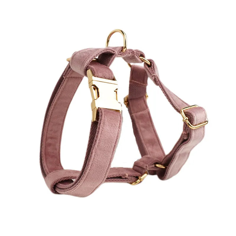 Light purple pink velvet dog collar and accessories set showing multiple pieces including collar, leash, bow tie, and vest
