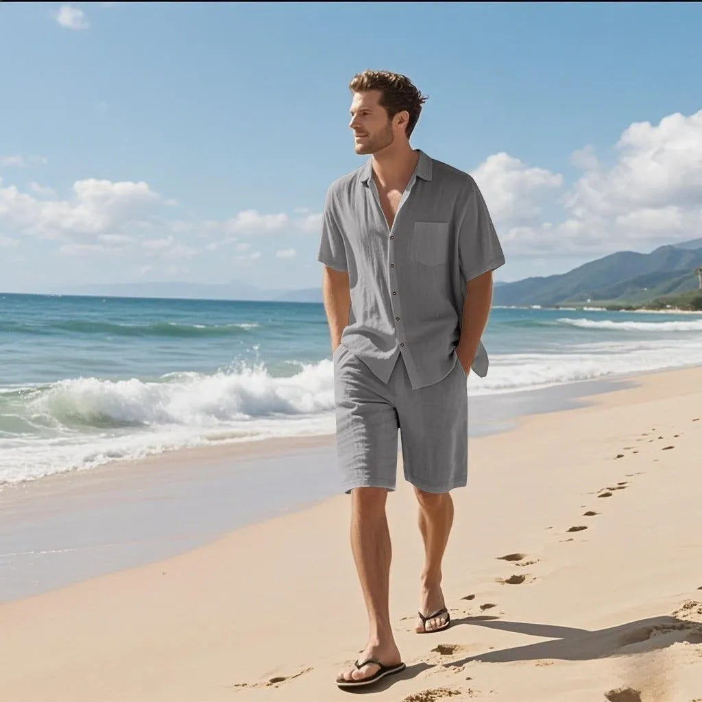 Men's linen blend short sleeve shirt and shorts set in light blue colour