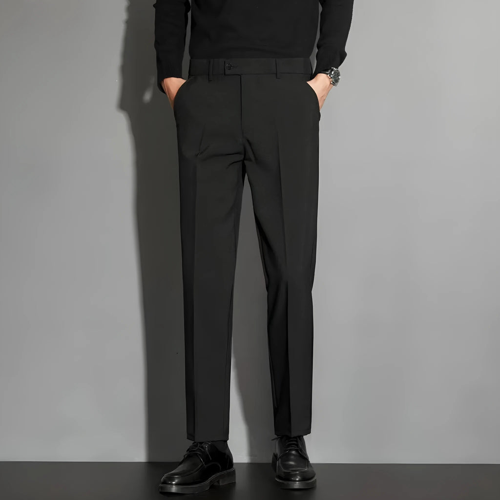 Men's straight-leg ankle-length suit trousers in chemical fibre blend available in multiple colours