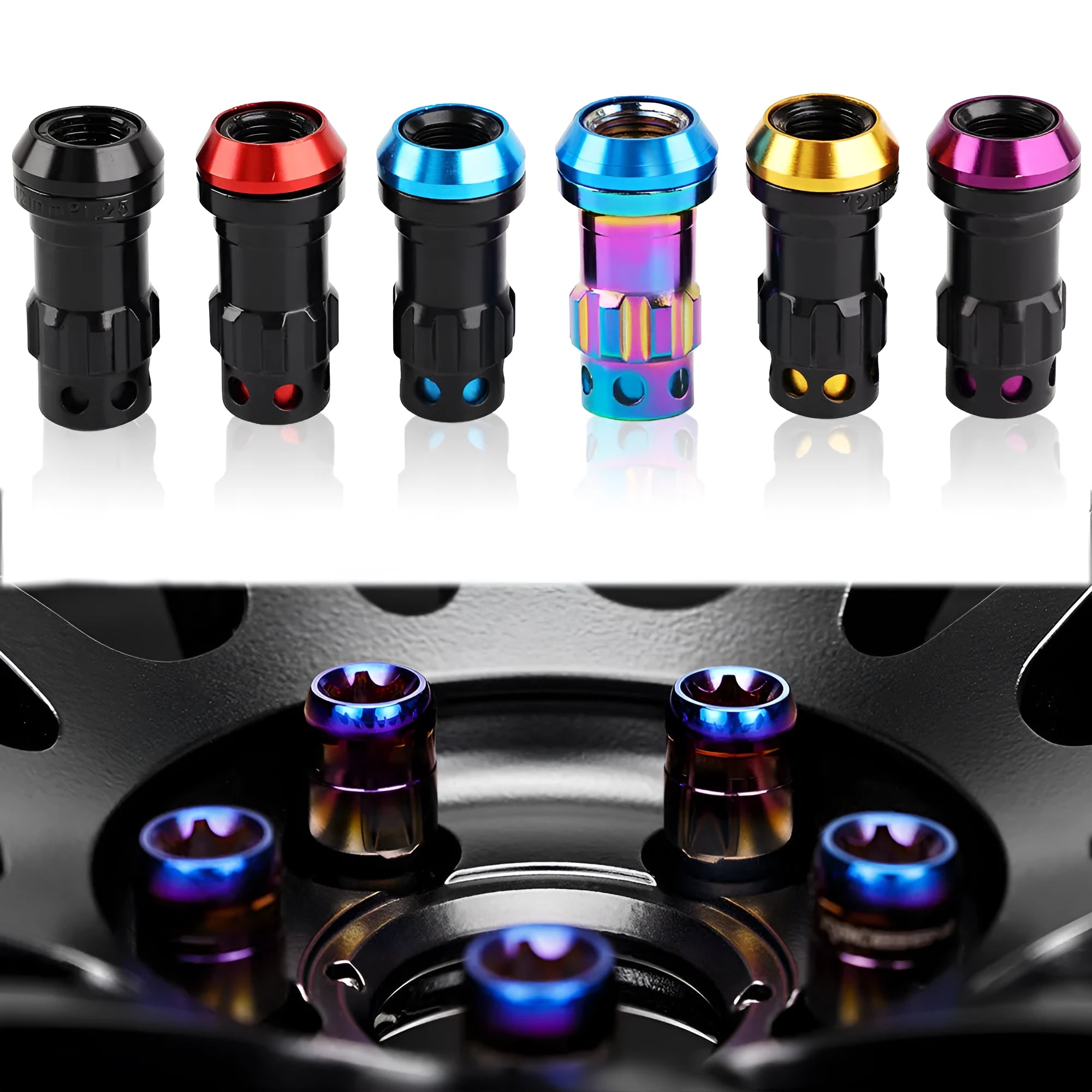 Aluminium alloy universal flat head wheel nut in various colours including black red and colour gold