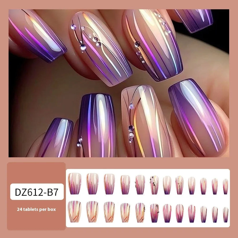Magic purple gradient nail stickers with starry sky pattern and jelly glue for short ballet nails