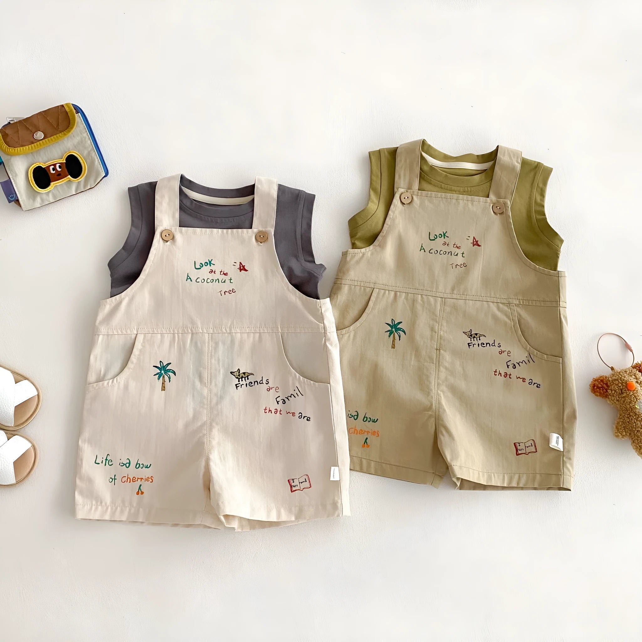 Baby cotton sleeveless t-shirt and suspender pants set in Korean style with cartoon element, available in dark gray avocado green warm apricot khaki green