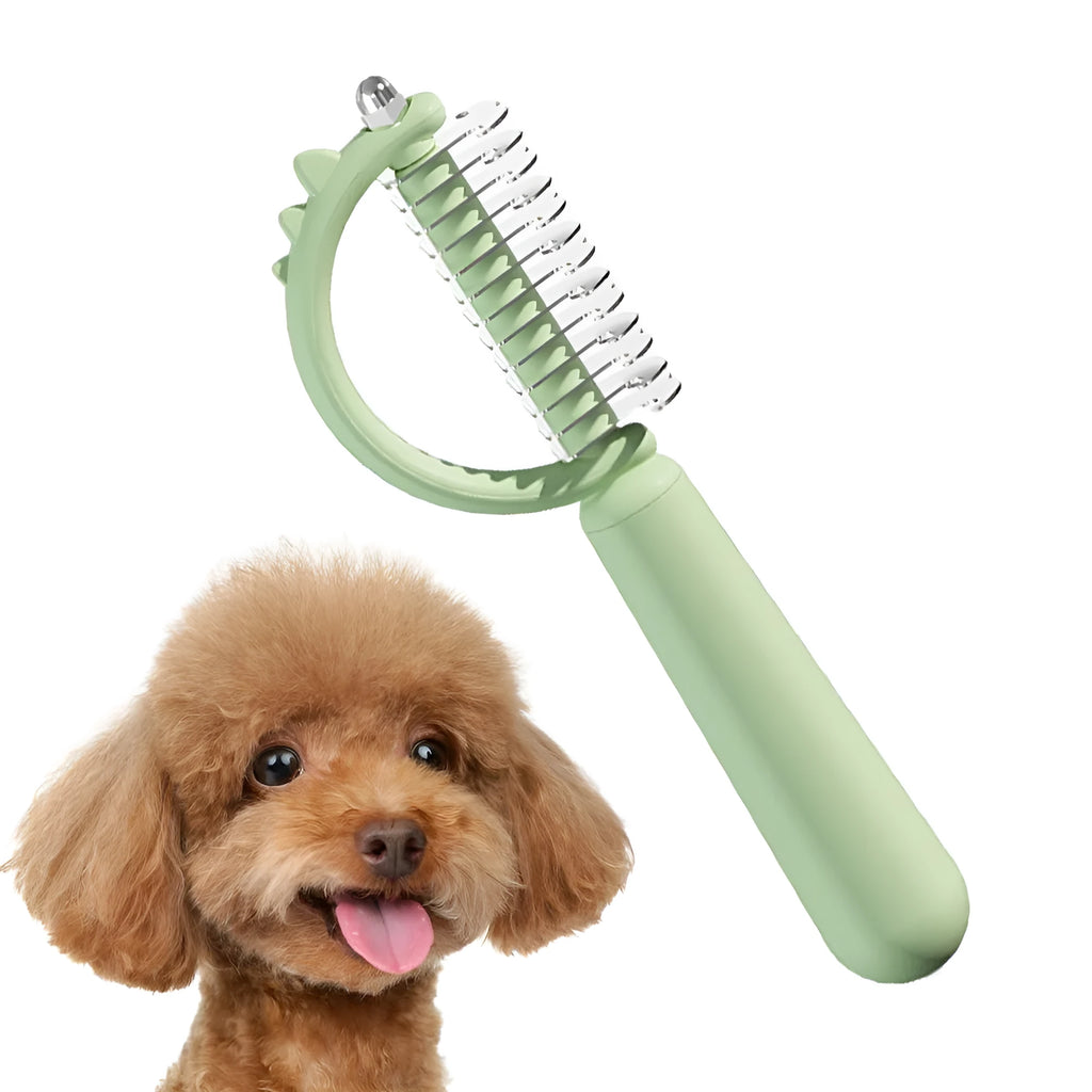 Blue dinosaur-shaped cat brush with self-cleaning button and double-sided bristles