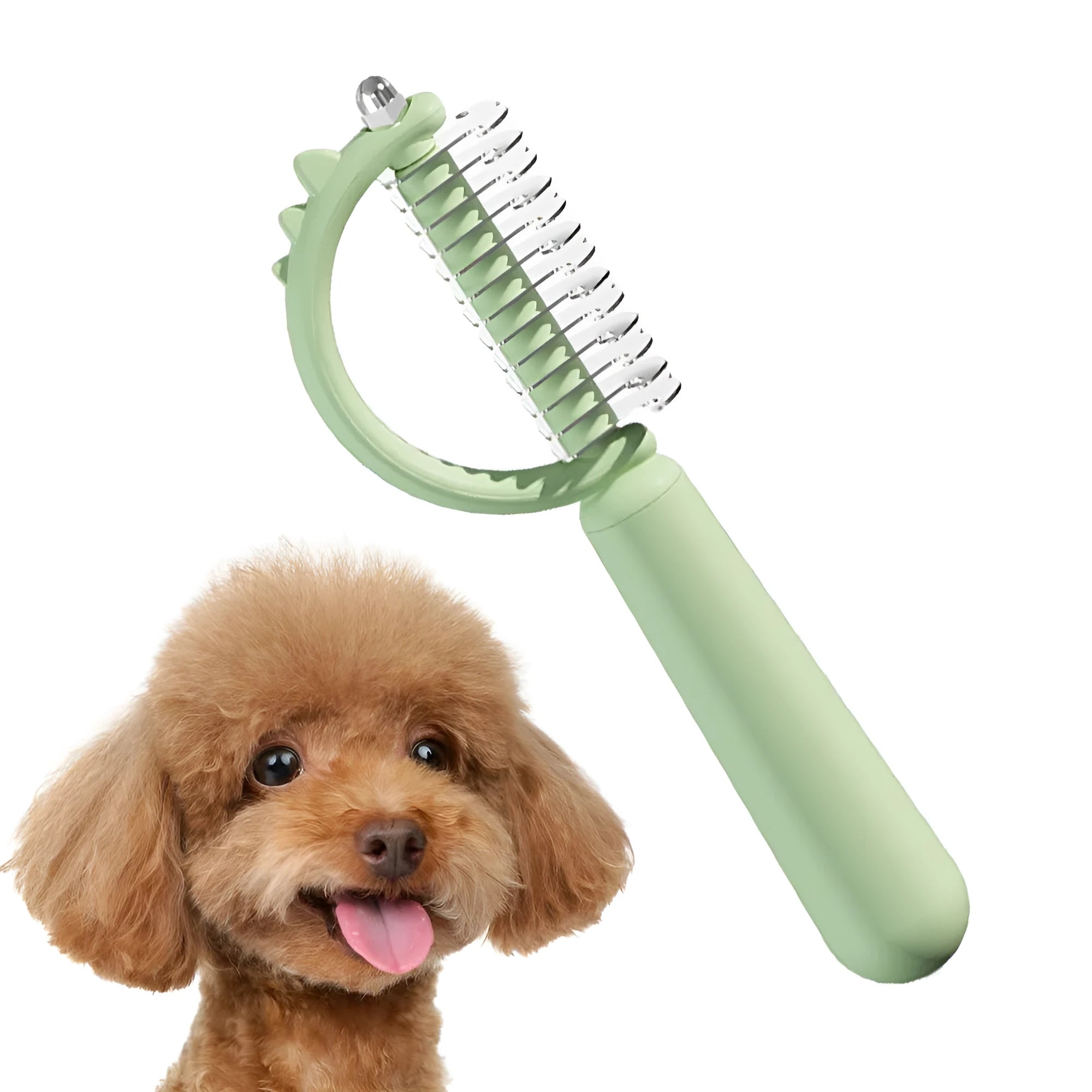 Blue dinosaur-shaped cat brush with self-cleaning button and double-sided bristles