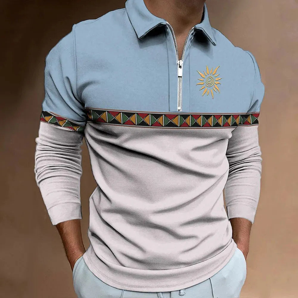Man wearing a loose-fit long sleeve t-shirt with retro stripe print and zipper details, suitable for golf.