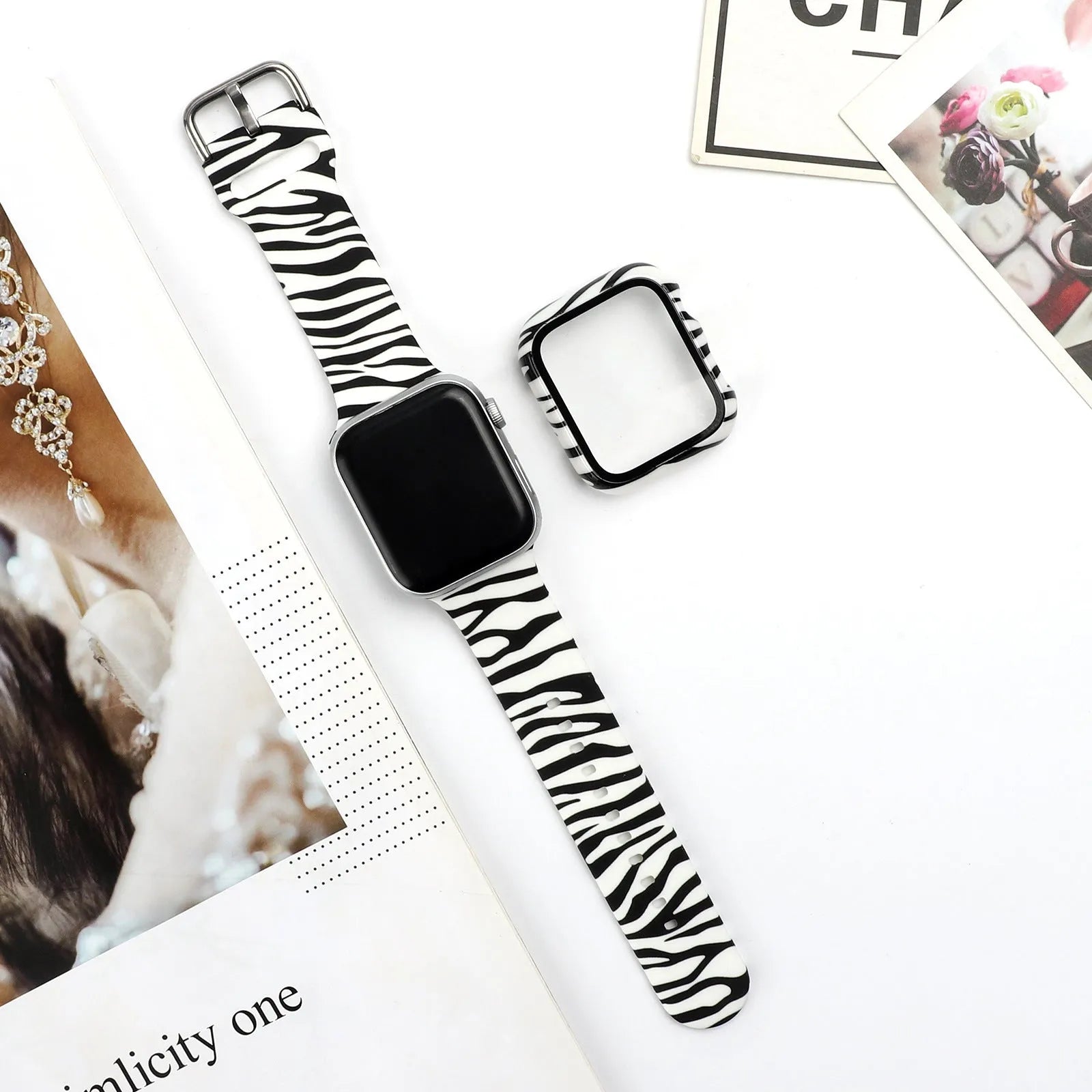Printed silicone replacement watch strap for Apple Watch in multiple sizes and style designs.