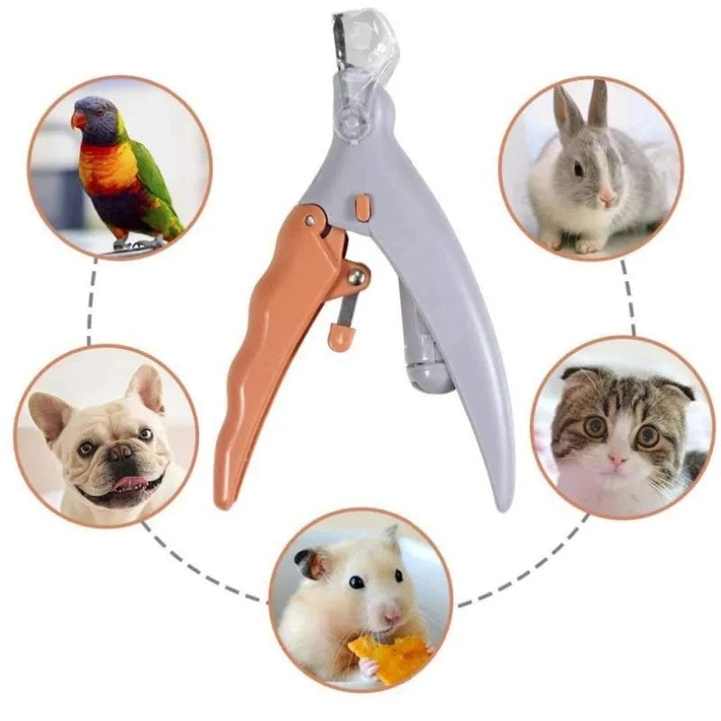 Yellow pet nail clipper for dogs and cats with built-in LED light and magnifying glass.