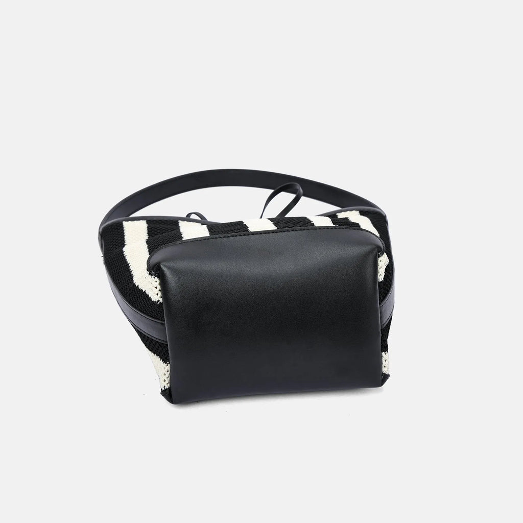 Women's soft woven fabric shoulder bag, black and white stripes, bucket shape, 28x18x13 cm