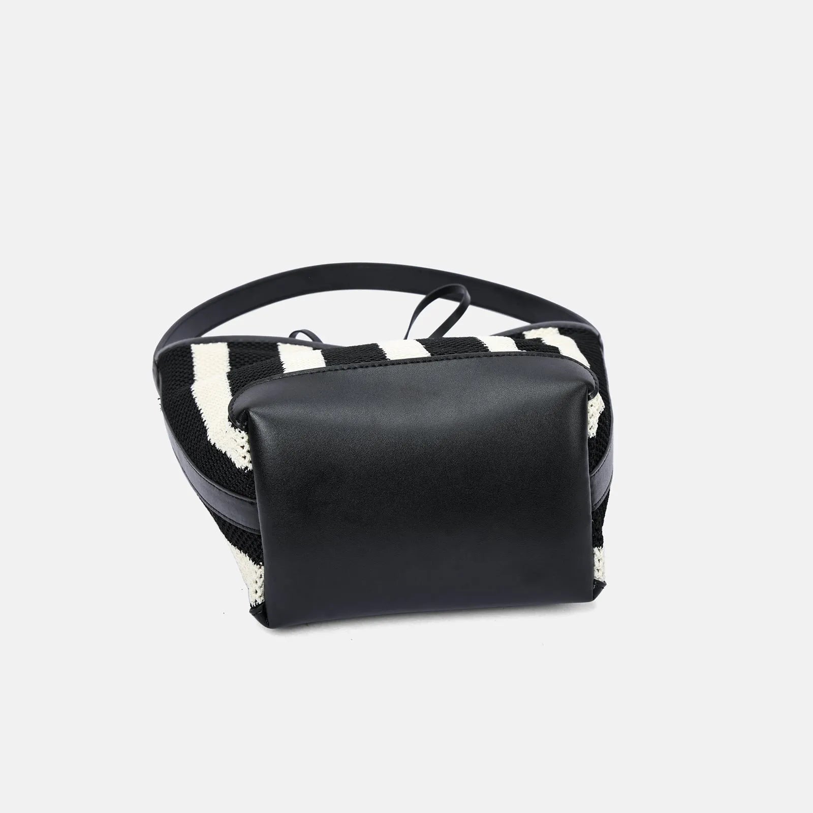 Women's soft woven fabric shoulder bag, black and white stripes, bucket shape, 28x18x13 cm