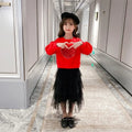 Girl's Sequin Love pullover two-piece cotton skirt set in white and red, suitable for height 110cm to 160cm