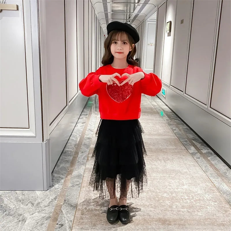 Girl's Sequin Love pullover two-piece cotton skirt set in white and red, suitable for height 110cm to 160cm