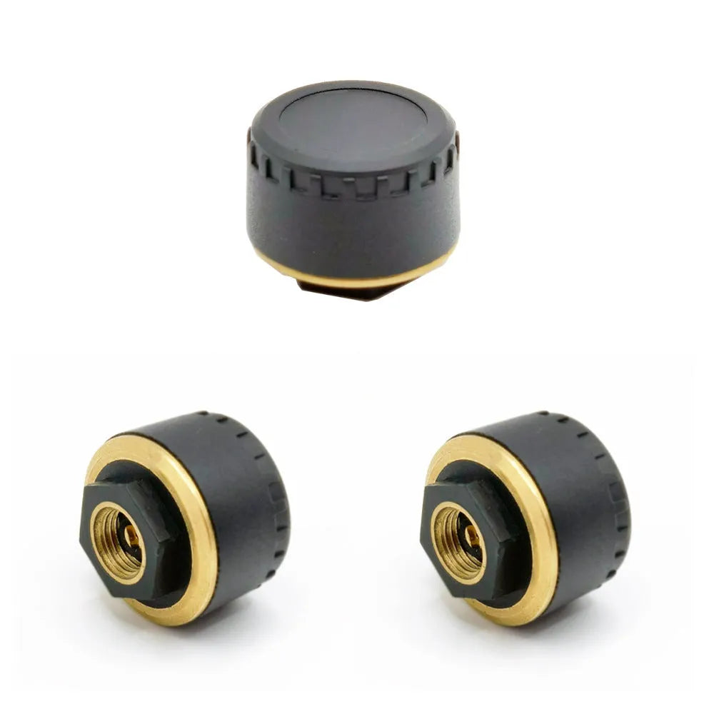 Four black Bluetooth tyre pressure monitors for car with mobile phone display showing pressure readings