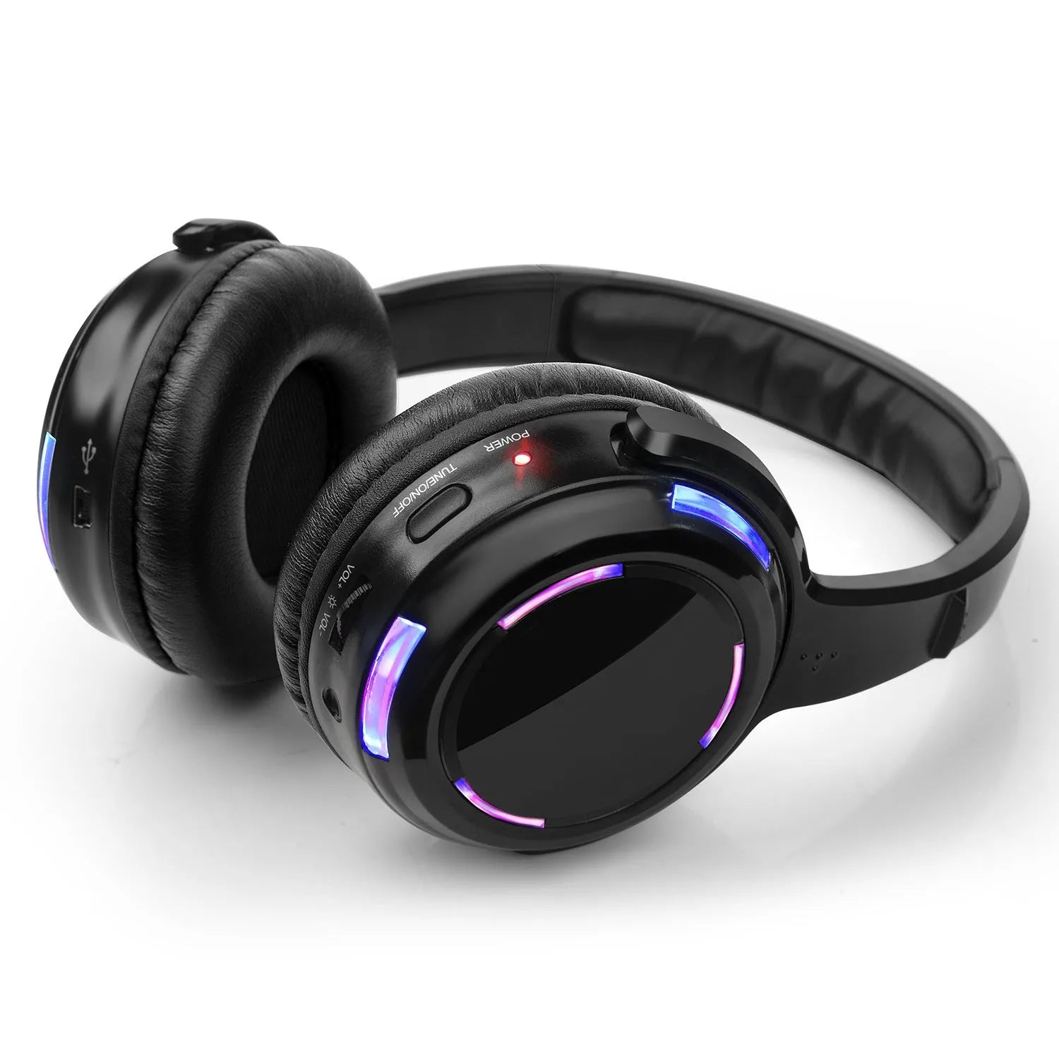 Black silent disco wireless headphones with a head-mounted design and a 3.5mm connection cable.