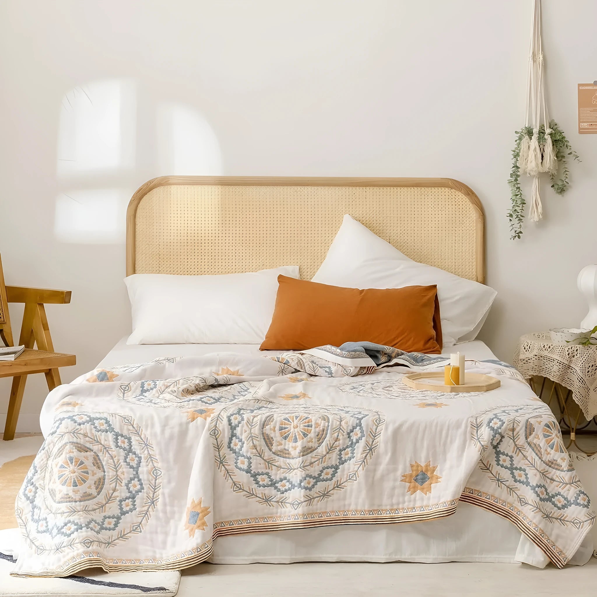Modern geometric pattern cotton towel blanket laid flat, showing its texture and size.