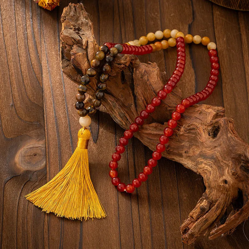 Vintage tassel bohemian beaded chain necklace and matching bracelet in natural stone with electroplated finish