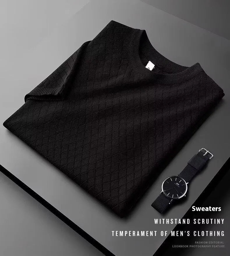 Men's black and white ice silk short sleeve t-shirt showing V-neck and round neck styles on hanger.