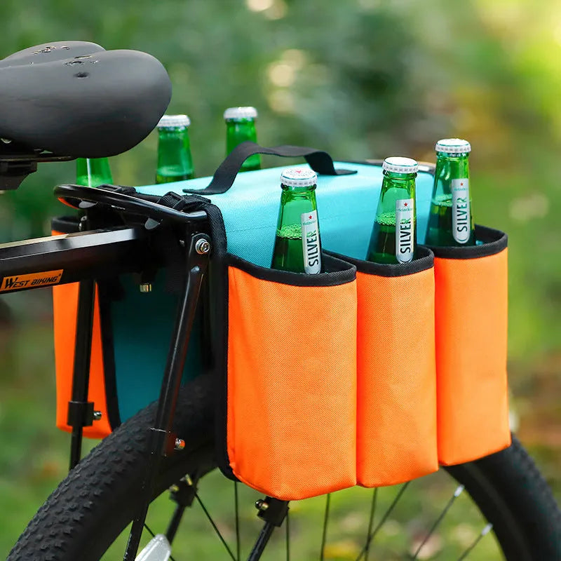 Black and orange double-sided bicycle drink holder bag made from 600D PVC fabric mounted on a bike frame.