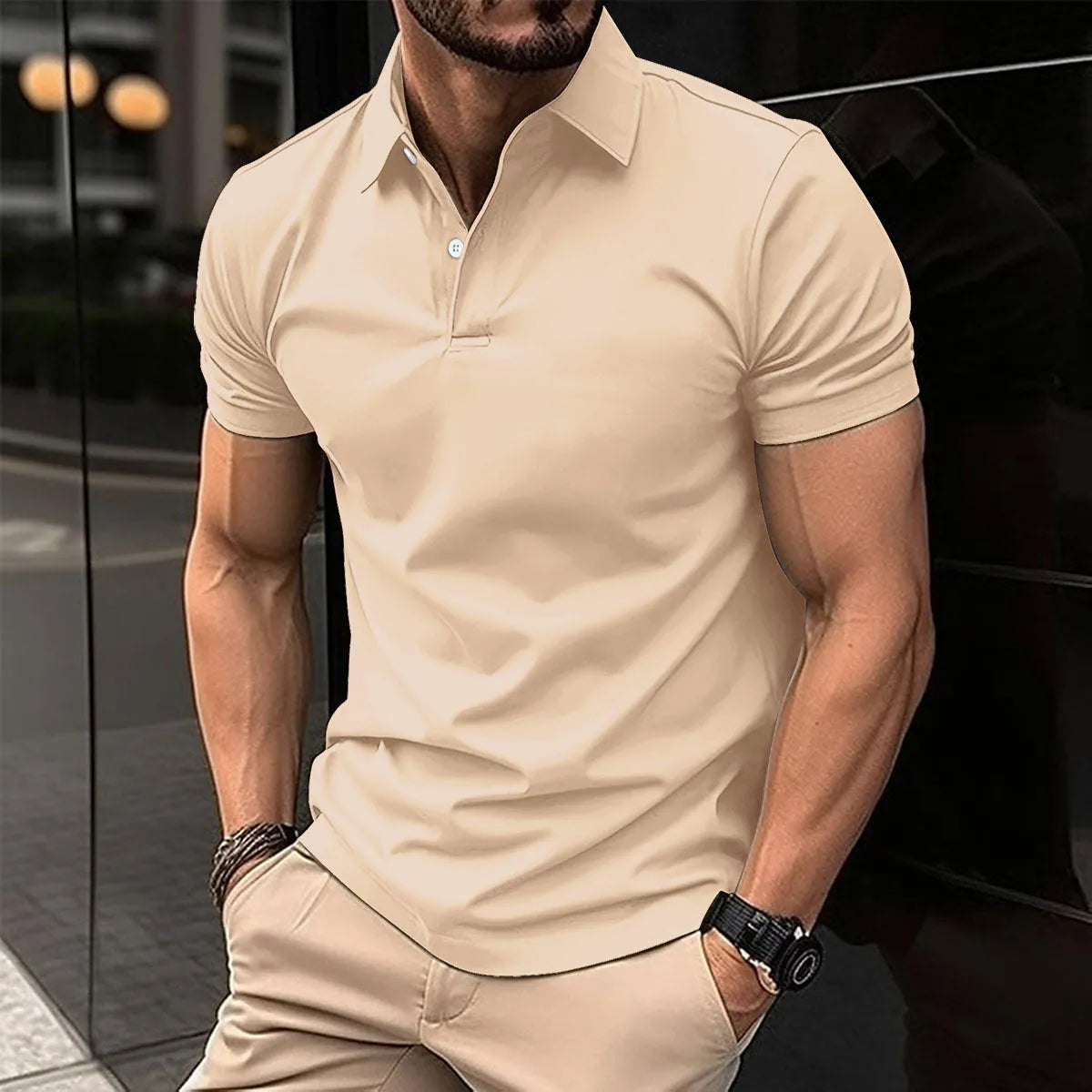 Men's solid colour short sleeve polo shirt with button lapel on a hanger