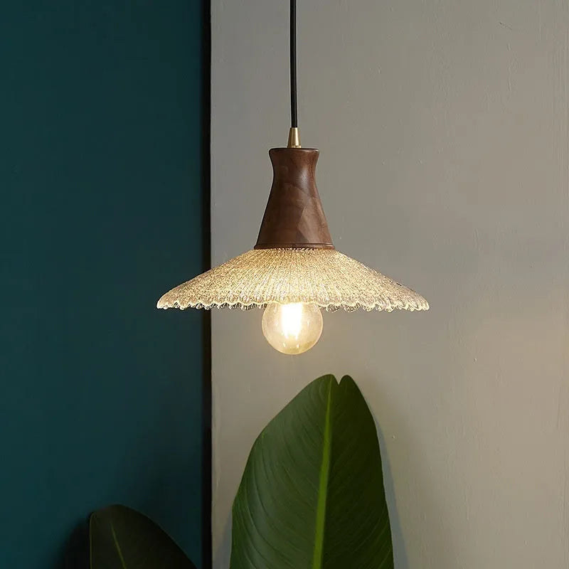 Retro wooden chandelier with brass finish and glass lampshade in three size options