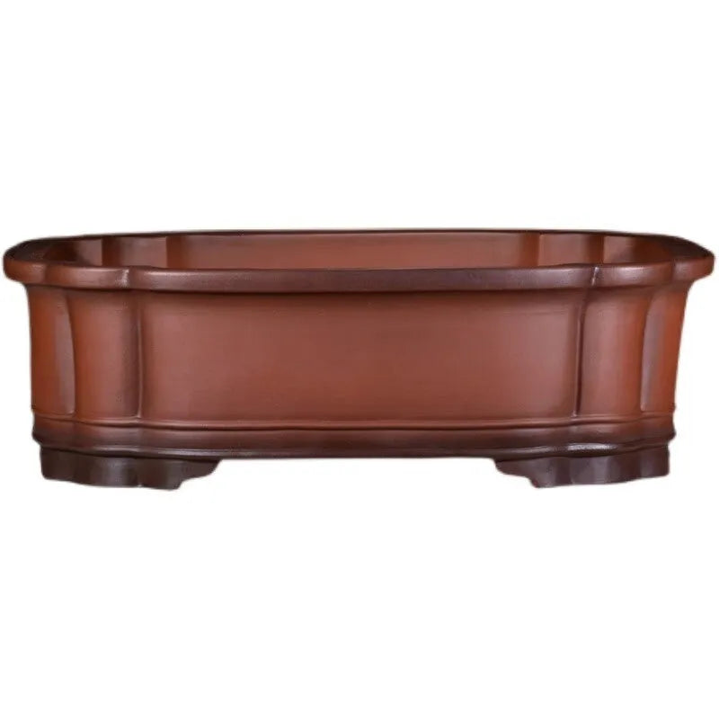 Large antique finish purple clay flower pot with Chinese styling, dimensions 71cm long by 54cm wide