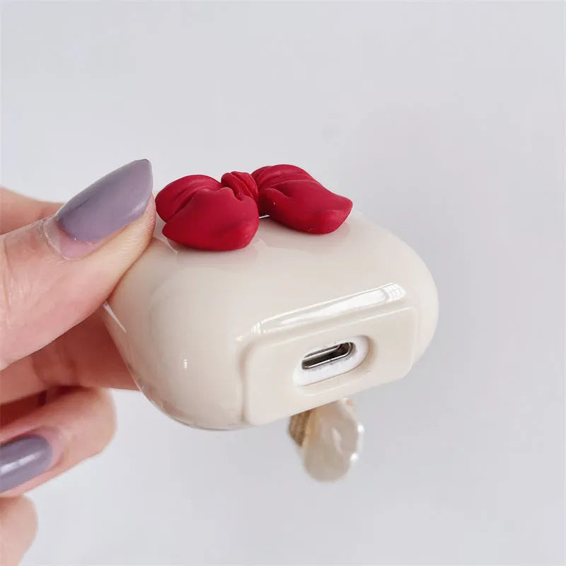 Beige red solid colour TPU protective case for AirPods wireless earphones with clamshell design