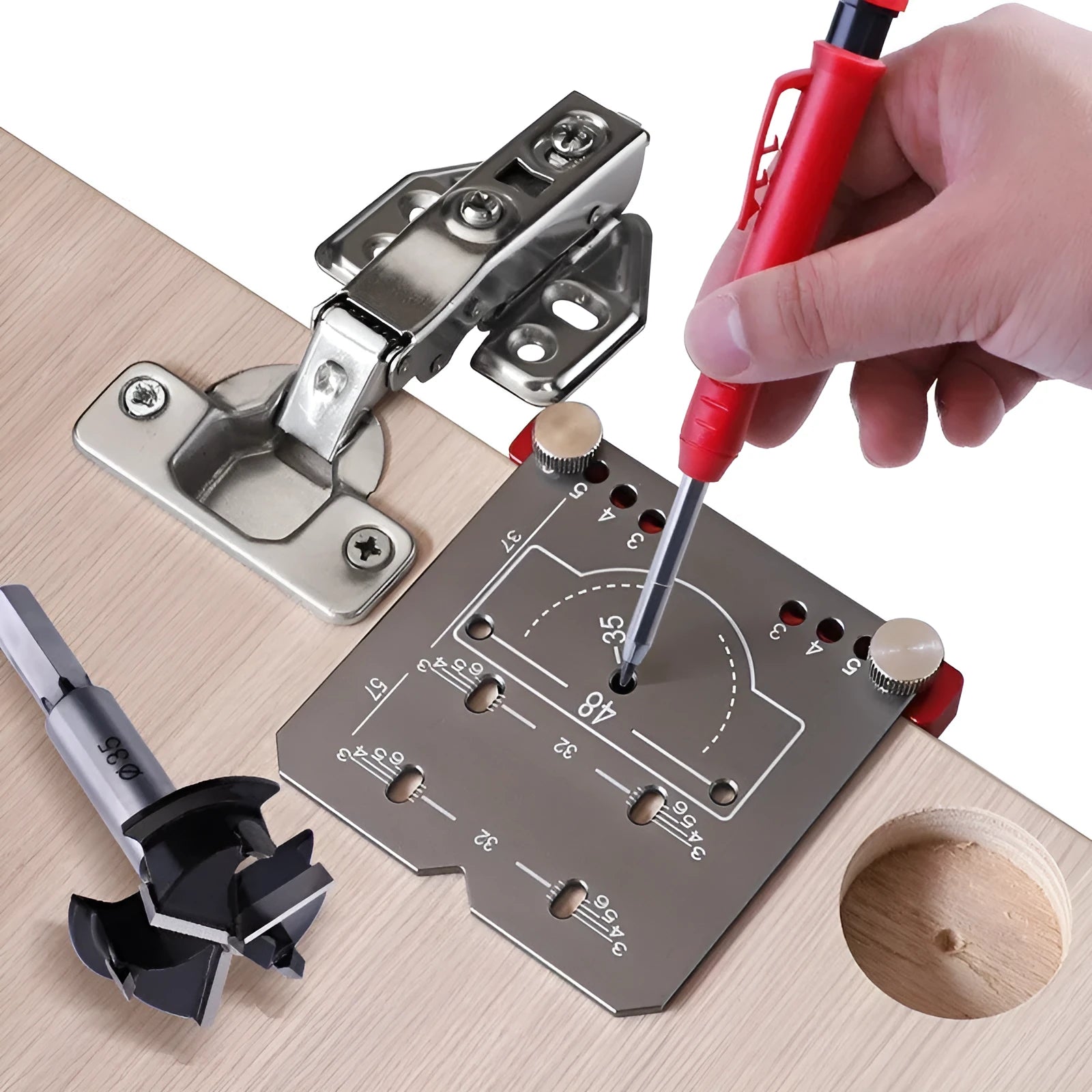 Red aluminium alloy hinge locating rule with adjustable margin settings for 35mm cabinet hinges.