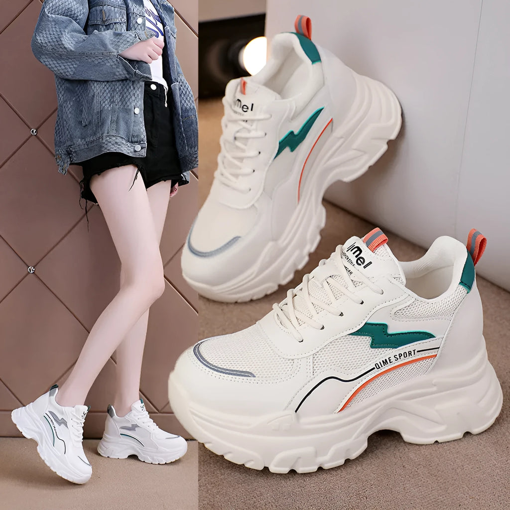 Women's white and beige dad shoes with cross straps and height increasing insoles