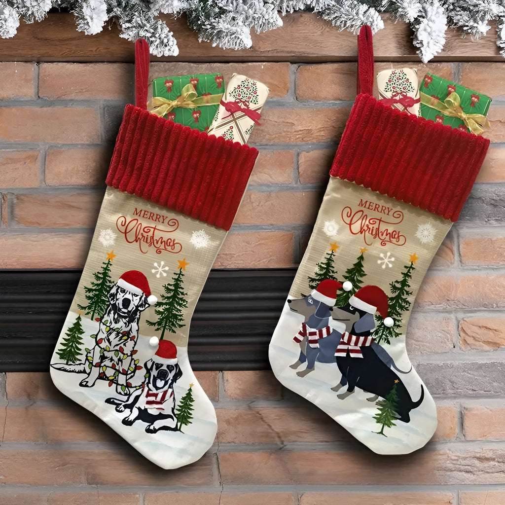 Pet Christmas tree hanging sock with fireplace design in cloth material measuring 46cm by 28cm