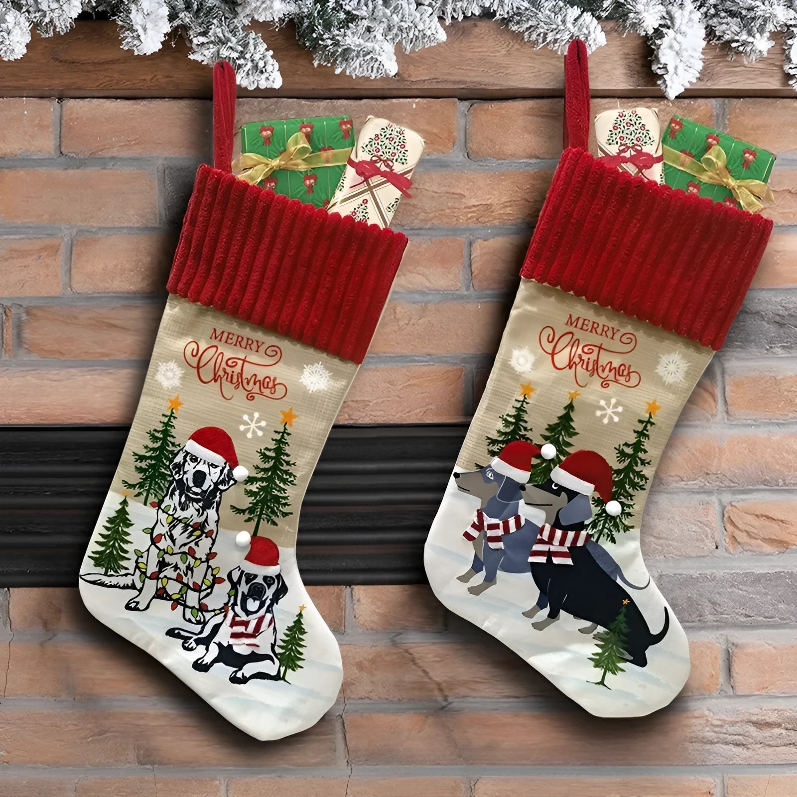 Pet Christmas tree hanging sock with fireplace design in cloth material measuring 46cm by 28cm