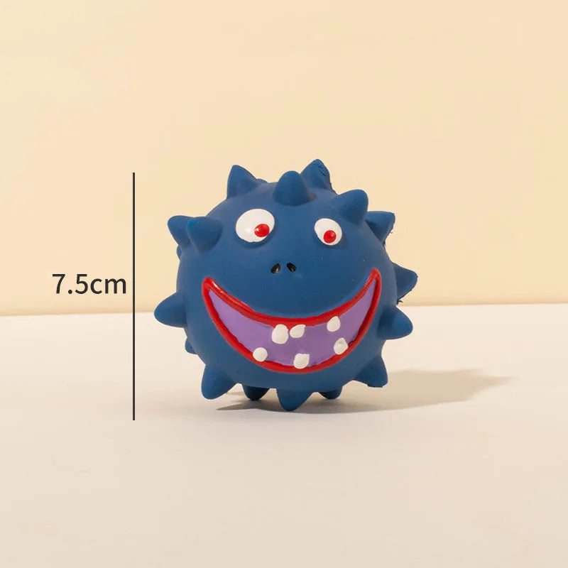 Four colourful squeaky dog toys with cute faces made from natural latex rubber