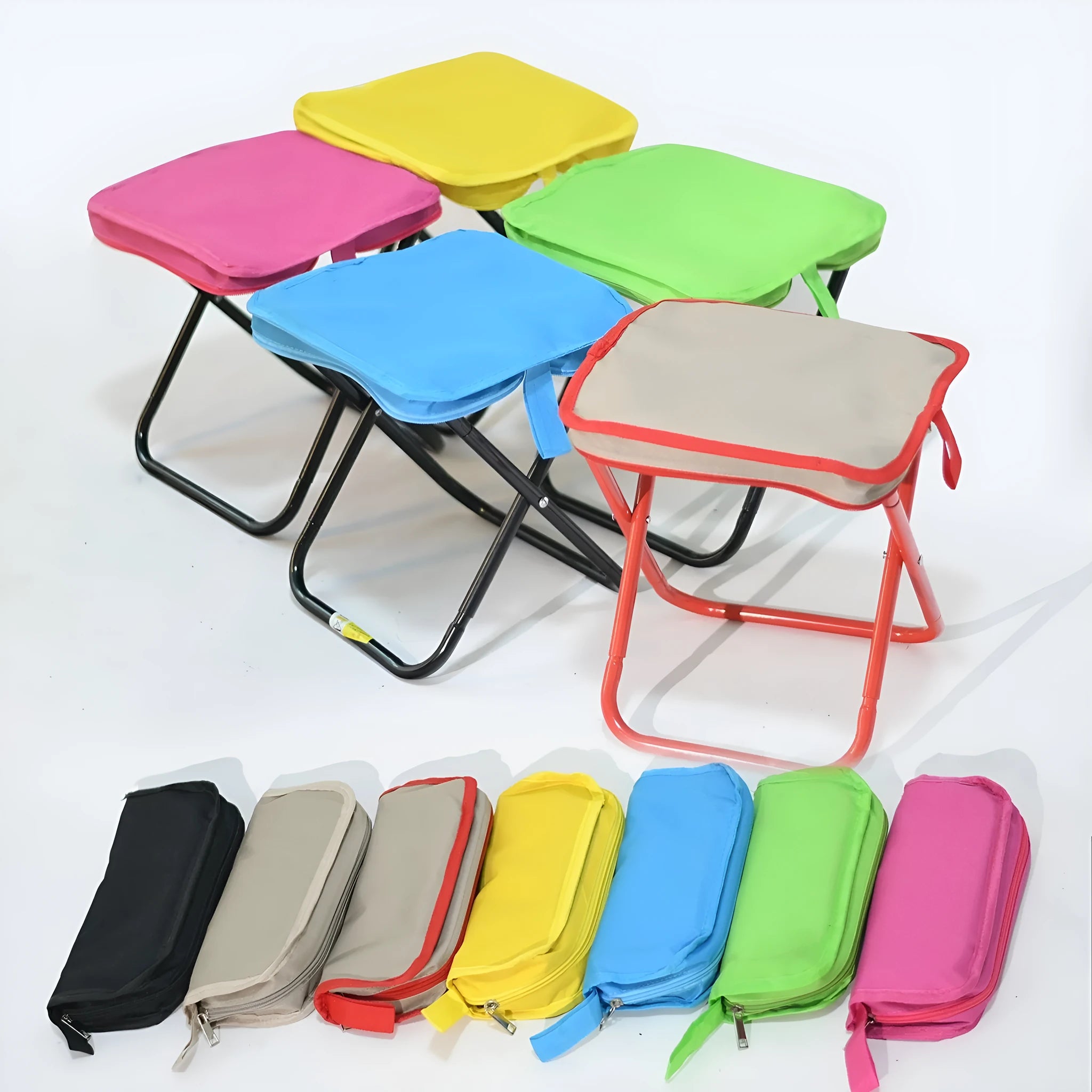 Outdoor folding camp stool in khaki colour with crossbody carry bag, shown in folded and unfolded states.