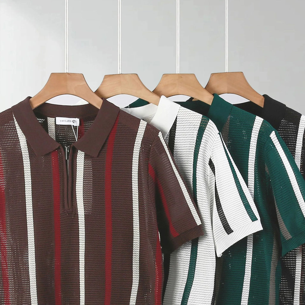 Men's black mesh polo shirt with chest zipper detail on hanger