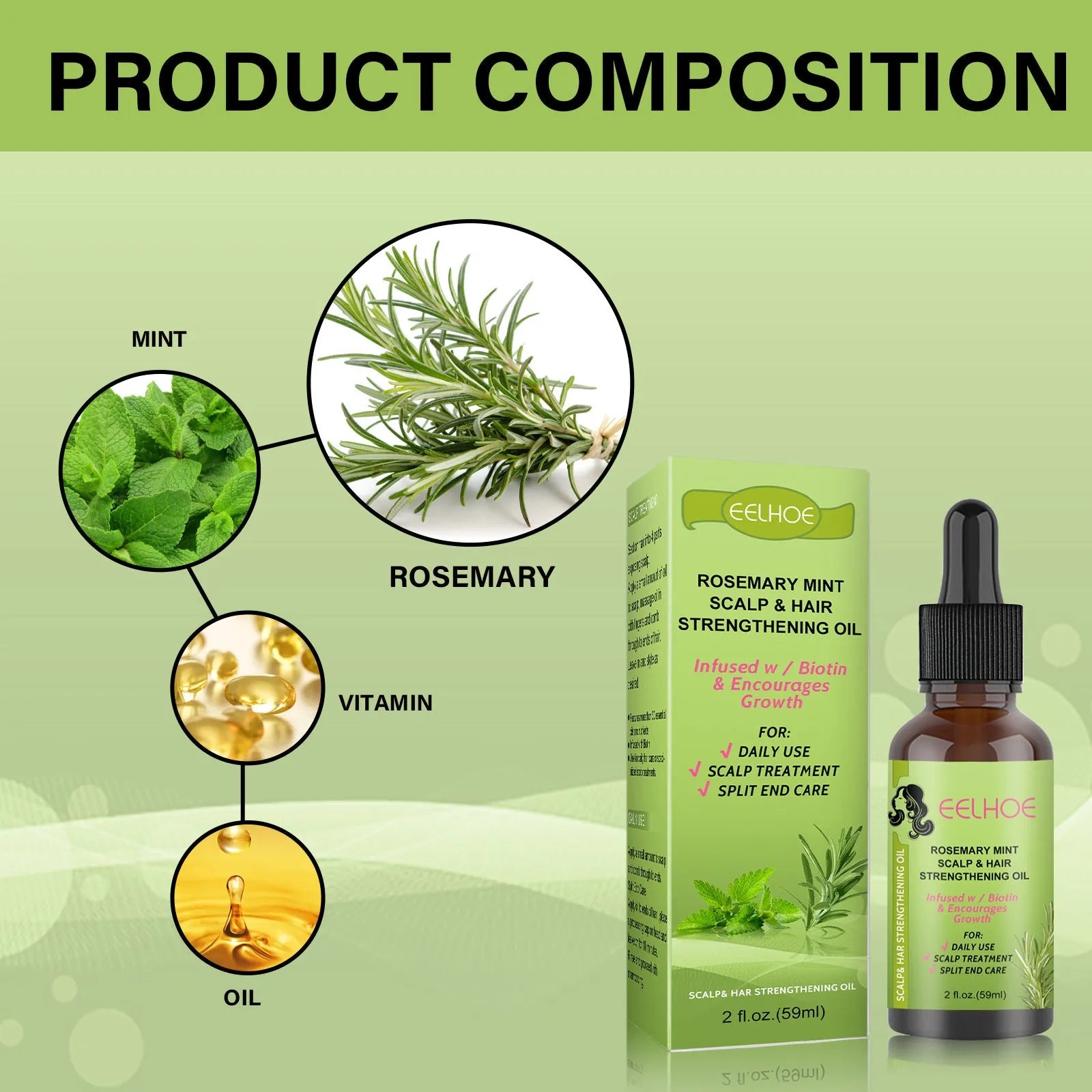 59ml bottle of rosemary mint hair growth fluid for scalp massage and nourishment.