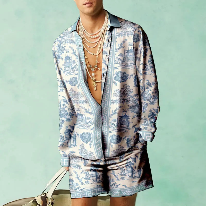 Mens casual summer outfit with long sleeve shirt and matching shorts in slim fit