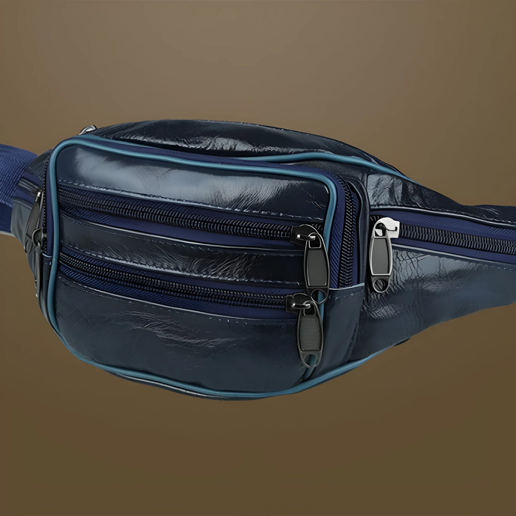 Genuine leather men's outdoor waist bag in black, 22x12x6cm, waterproof solid colour design