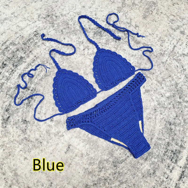 3-piece crochet bikini swimsuit set with matching beach skirt in solid colour
