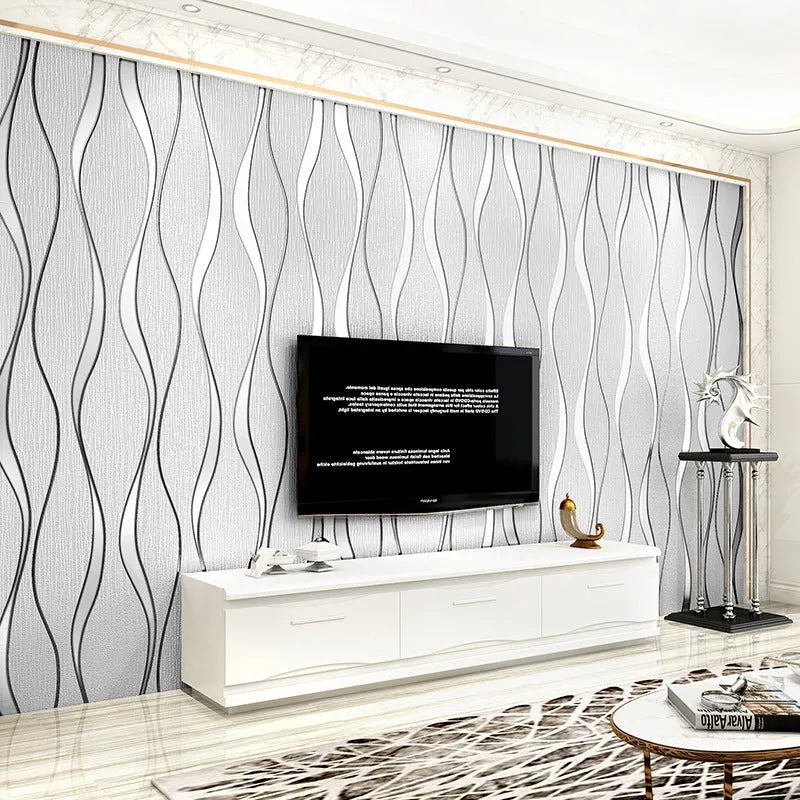Curve stripe 3D decorative wallpaper in light grey and dark brown colour options showing velvet texture