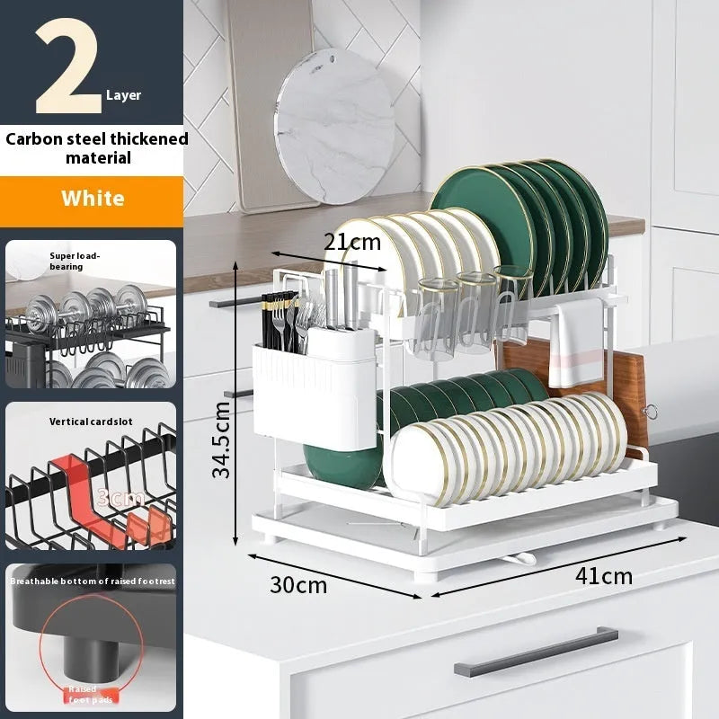 White double-layer kitchen draining rack with carbon steel construction for dish drying
