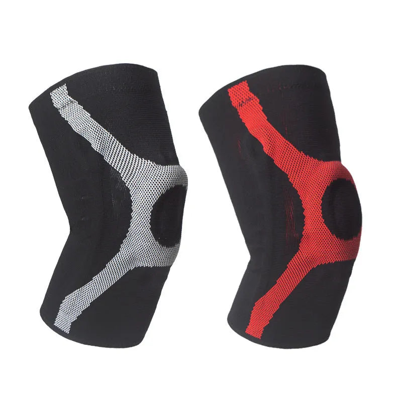 Red and grey silicone knitted sports kneecaps for running and climbing, shown in S M L XL sizes.