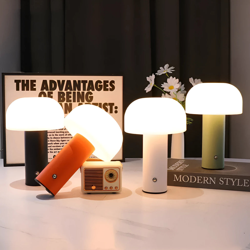 USB dual-power table lamp showing three-colour lighting effects in choice of four colour styles