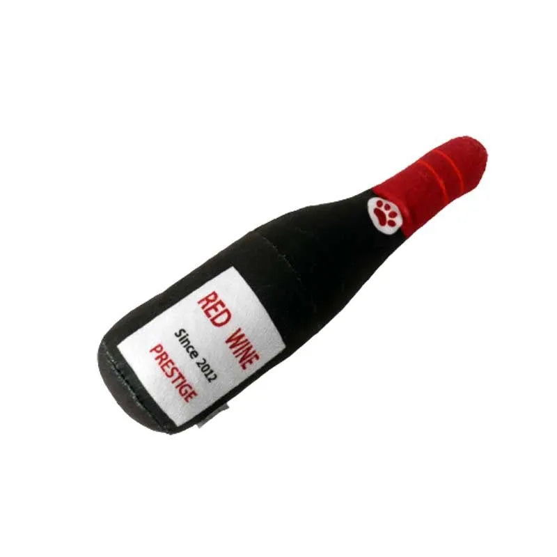 Soft plush wine bottle pet toy for dogs and cats in multiple colour variations