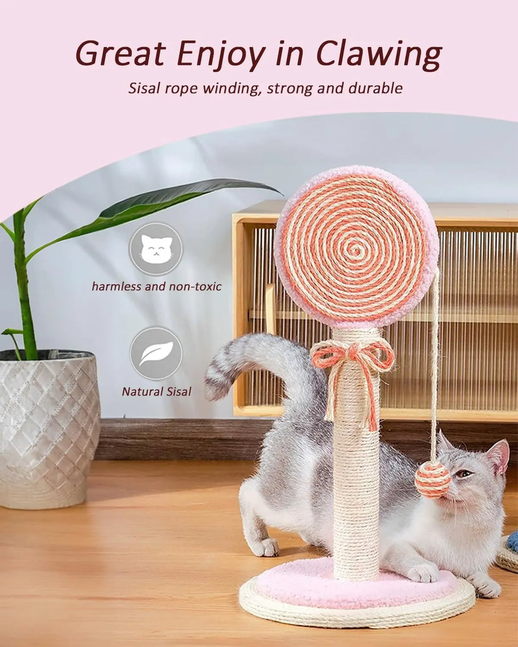 Blue cat scratching post with natural sisal rope and hanging ball toy on sturdy base
