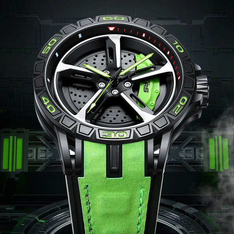 Men's quartz skeleton watch with 47mm steel case, luminous hands, and black rubber strap on grey background