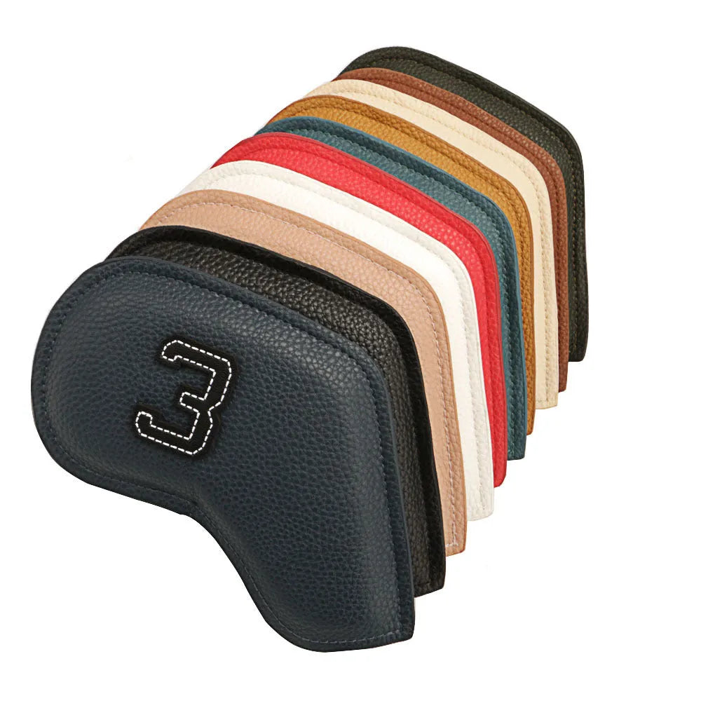 Set of 10 minimal print golf club head caps in multiple colours made from PU material