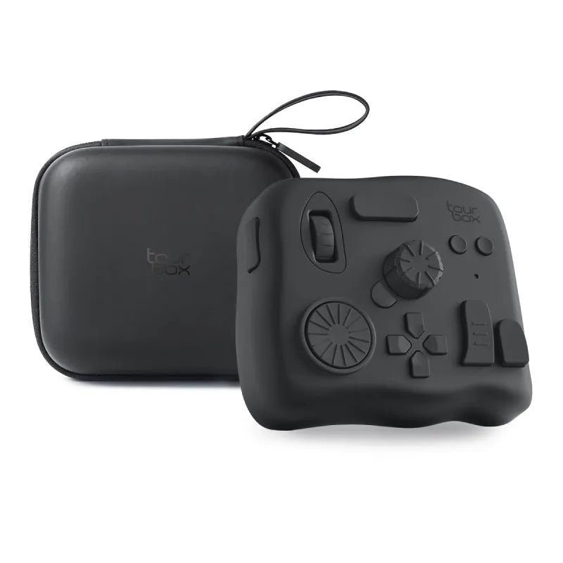 TourBox NEO auxiliary keyboard controller for digital video editing with black plastic housing
