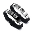 Black and silver couple bracelets with stainless steel crown and letter charm on adjustable silicone strap