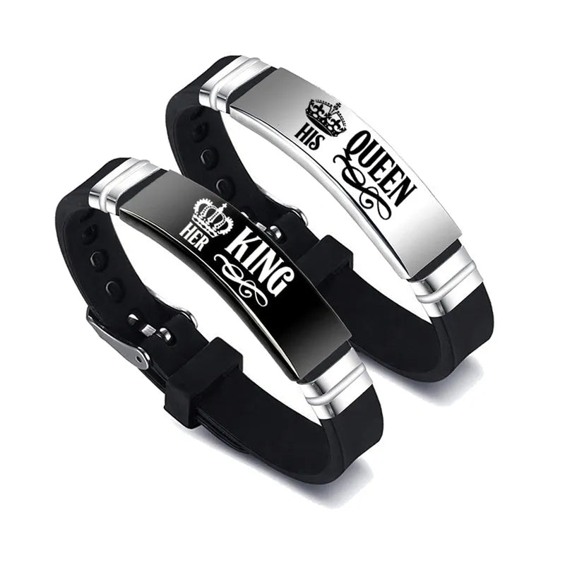 Black and silver couple bracelets with stainless steel crown and letter charm on adjustable silicone strap